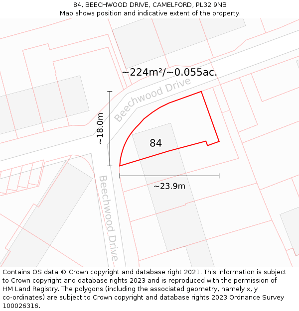 84, BEECHWOOD DRIVE, CAMELFORD, PL32 9NB: Plot and title map