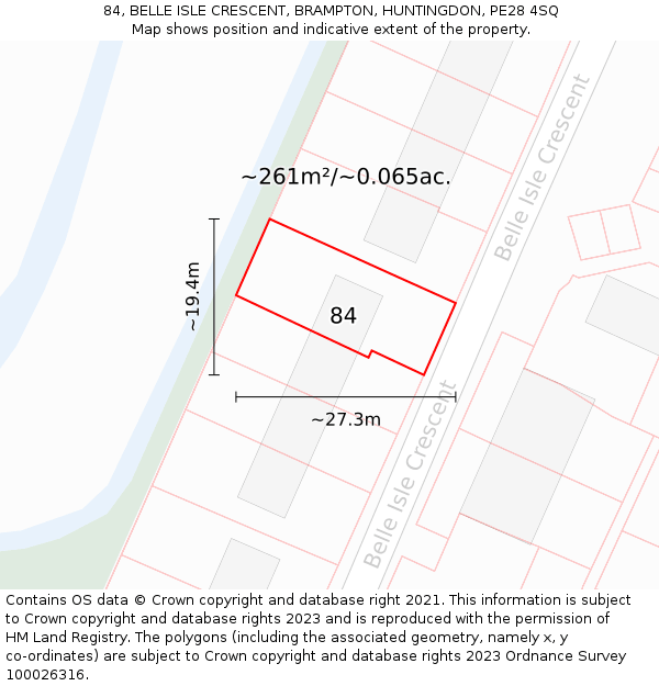 84, BELLE ISLE CRESCENT, BRAMPTON, HUNTINGDON, PE28 4SQ: Plot and title map