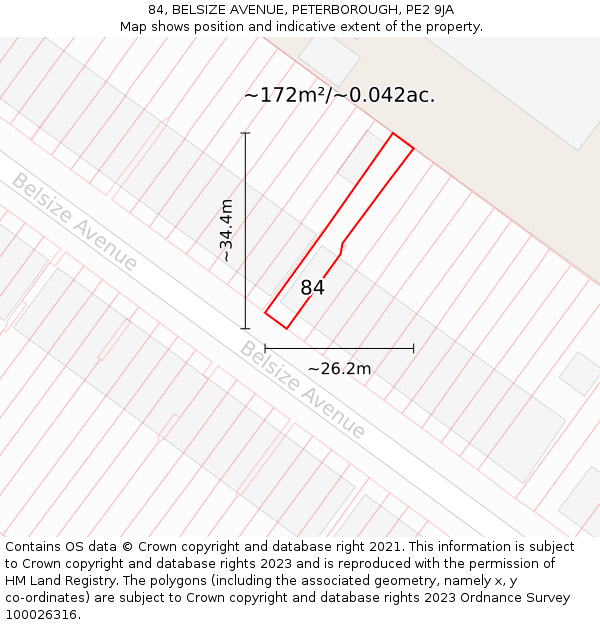 84, BELSIZE AVENUE, PETERBOROUGH, PE2 9JA: Plot and title map