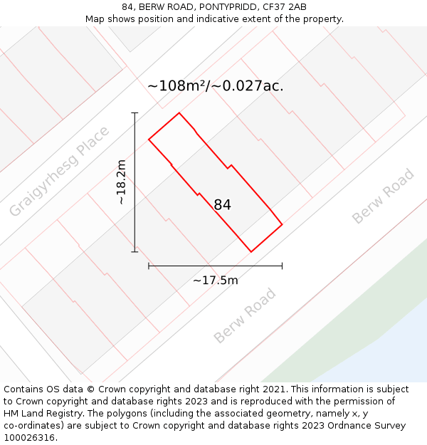 84, BERW ROAD, PONTYPRIDD, CF37 2AB: Plot and title map