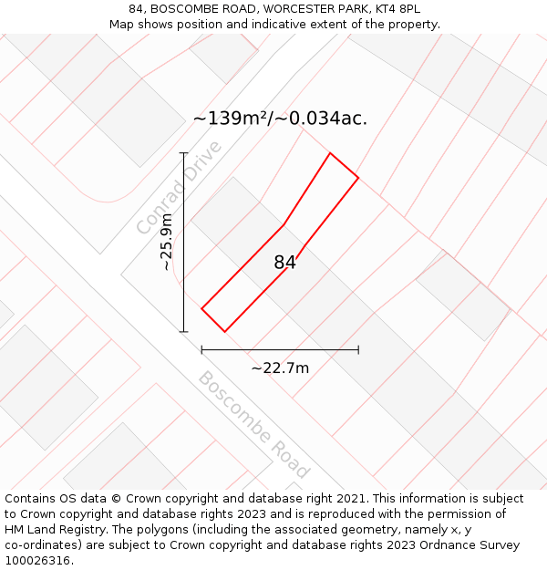 84, BOSCOMBE ROAD, WORCESTER PARK, KT4 8PL: Plot and title map