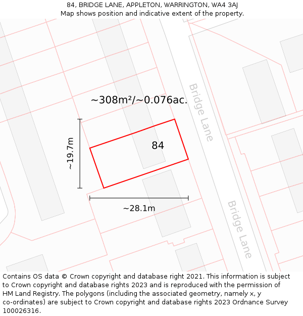 84, BRIDGE LANE, APPLETON, WARRINGTON, WA4 3AJ: Plot and title map