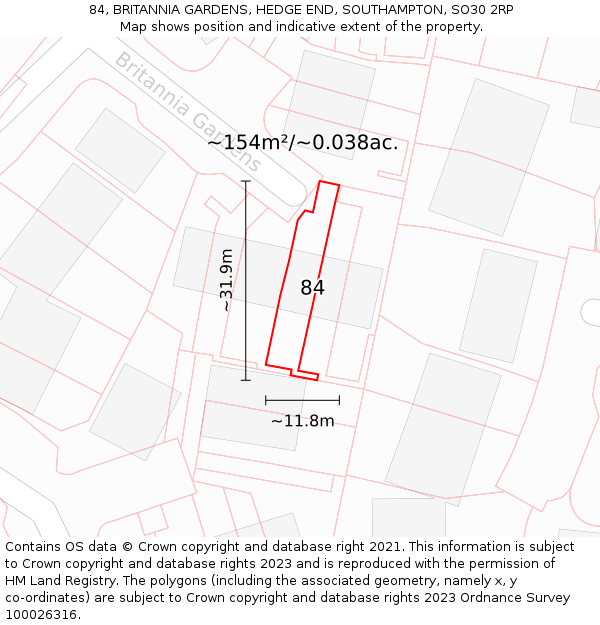 84, BRITANNIA GARDENS, HEDGE END, SOUTHAMPTON, SO30 2RP: Plot and title map