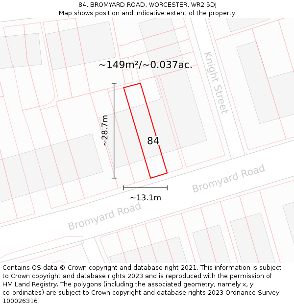 84, BROMYARD ROAD, WORCESTER, WR2 5DJ: Plot and title map