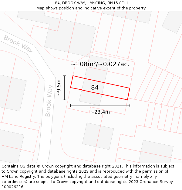 84, BROOK WAY, LANCING, BN15 8DH: Plot and title map
