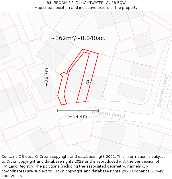84, BROOM FIELD, LIGHTWATER, GU18 5QW: Plot and title map