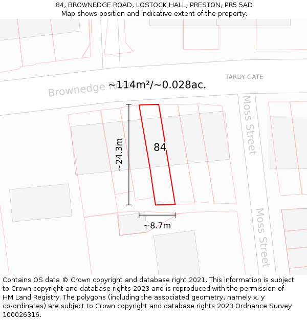 84, BROWNEDGE ROAD, LOSTOCK HALL, PRESTON, PR5 5AD: Plot and title map