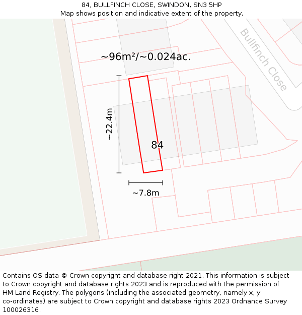 84, BULLFINCH CLOSE, SWINDON, SN3 5HP: Plot and title map
