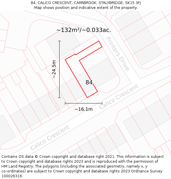 84, CALICO CRESCENT, CARRBROOK, STALYBRIDGE, SK15 3FJ: Plot and title map