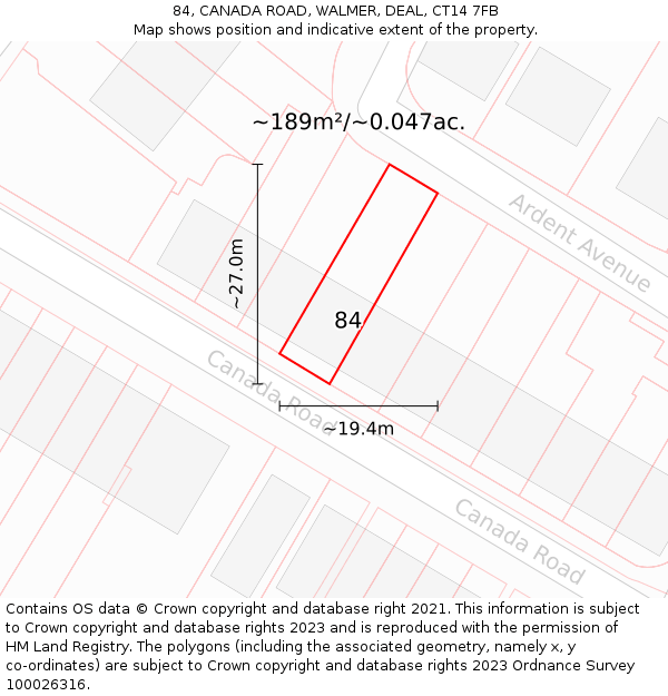 84, CANADA ROAD, WALMER, DEAL, CT14 7FB: Plot and title map