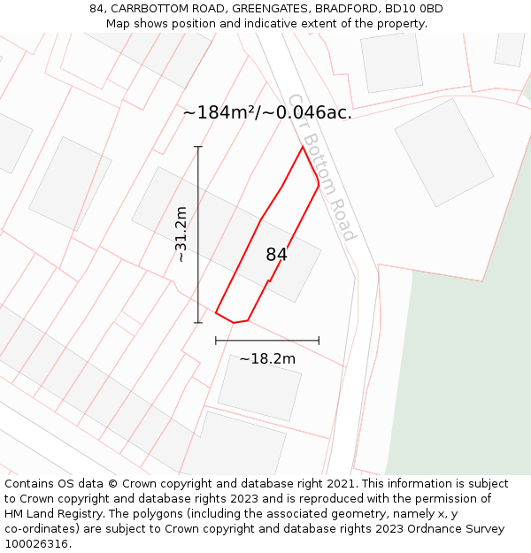 84, CARRBOTTOM ROAD, GREENGATES, BRADFORD, BD10 0BD: Plot and title map