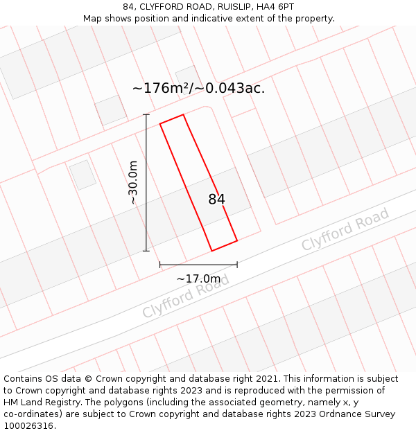 84, CLYFFORD ROAD, RUISLIP, HA4 6PT: Plot and title map