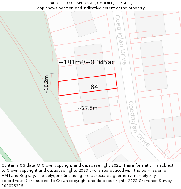 84, COEDRIGLAN DRIVE, CARDIFF, CF5 4UQ: Plot and title map