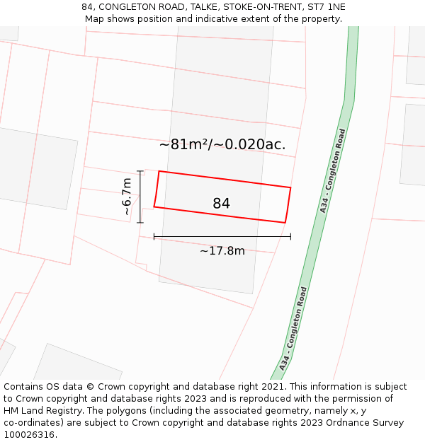 84, CONGLETON ROAD, TALKE, STOKE-ON-TRENT, ST7 1NE: Plot and title map