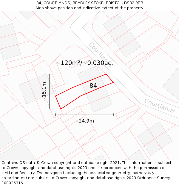 84, COURTLANDS, BRADLEY STOKE, BRISTOL, BS32 9BB: Plot and title map