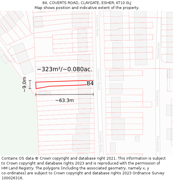 84, COVERTS ROAD, CLAYGATE, ESHER, KT10 0LJ: Plot and title map