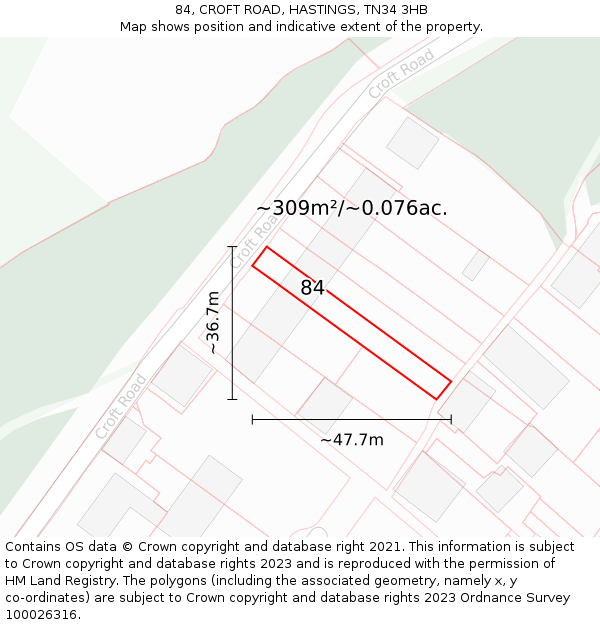 84, CROFT ROAD, HASTINGS, TN34 3HB: Plot and title map