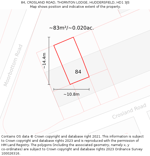 84, CROSLAND ROAD, THORNTON LODGE, HUDDERSFIELD, HD1 3JS: Plot and title map