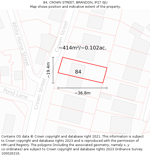 84, CROWN STREET, BRANDON, IP27 0JU: Plot and title map