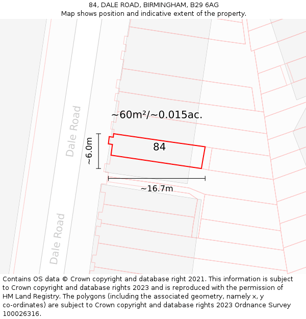 84, DALE ROAD, BIRMINGHAM, B29 6AG: Plot and title map
