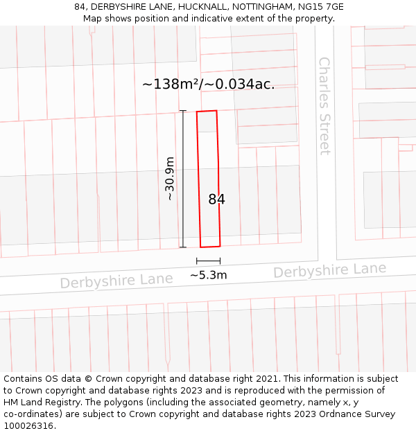 84, DERBYSHIRE LANE, HUCKNALL, NOTTINGHAM, NG15 7GE: Plot and title map