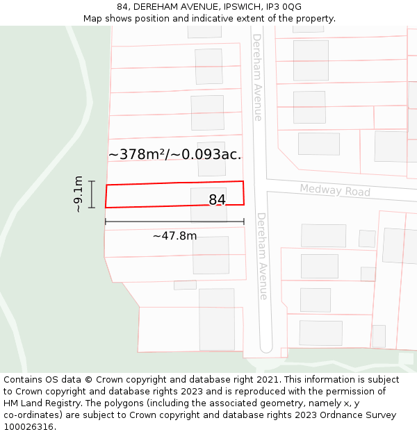 84, DEREHAM AVENUE, IPSWICH, IP3 0QG: Plot and title map