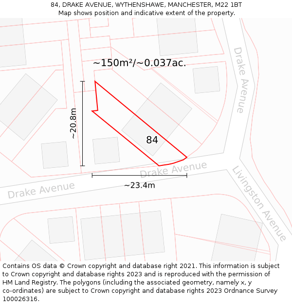 84, DRAKE AVENUE, WYTHENSHAWE, MANCHESTER, M22 1BT: Plot and title map