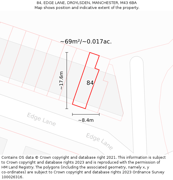 84, EDGE LANE, DROYLSDEN, MANCHESTER, M43 6BA: Plot and title map