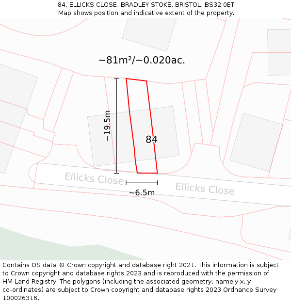 84, ELLICKS CLOSE, BRADLEY STOKE, BRISTOL, BS32 0ET: Plot and title map