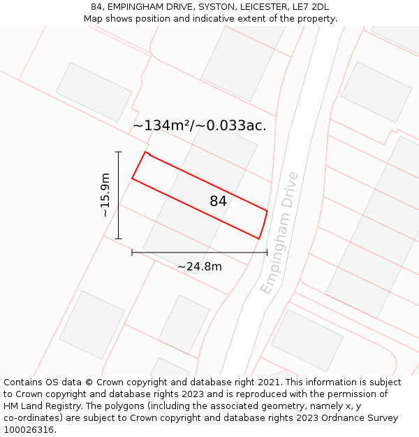 84, EMPINGHAM DRIVE, SYSTON, LEICESTER, LE7 2DL: Plot and title map