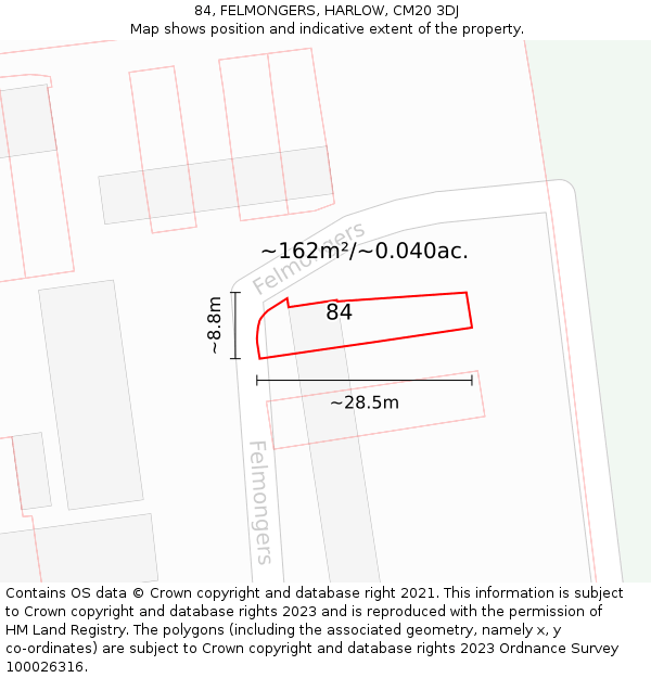 84, FELMONGERS, HARLOW, CM20 3DJ: Plot and title map