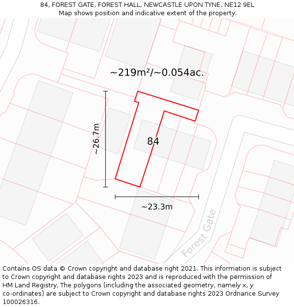 84, FOREST GATE, FOREST HALL, NEWCASTLE UPON TYNE, NE12 9EL: Plot and title map