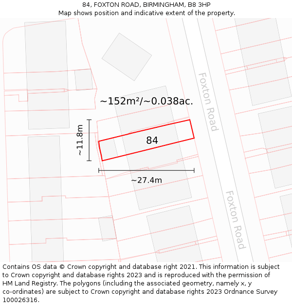 84, FOXTON ROAD, BIRMINGHAM, B8 3HP: Plot and title map