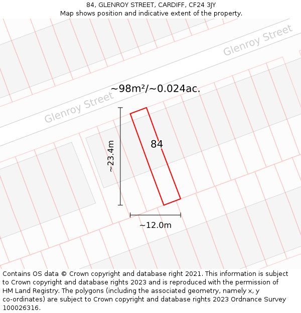 84, GLENROY STREET, CARDIFF, CF24 3JY: Plot and title map