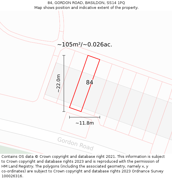 84, GORDON ROAD, BASILDON, SS14 1PQ: Plot and title map