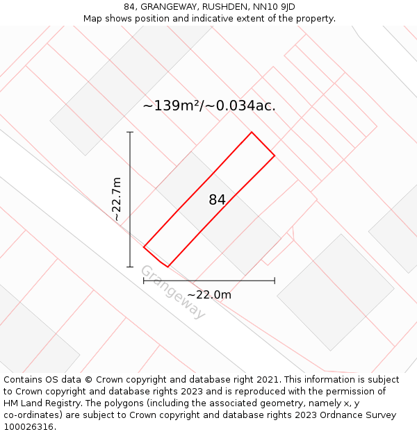 84, GRANGEWAY, RUSHDEN, NN10 9JD: Plot and title map