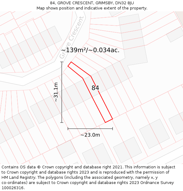84, GROVE CRESCENT, GRIMSBY, DN32 8JU: Plot and title map