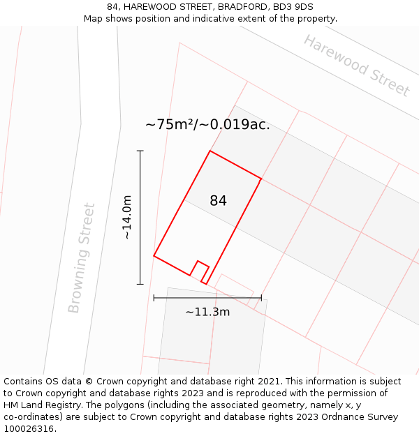 84, HAREWOOD STREET, BRADFORD, BD3 9DS: Plot and title map