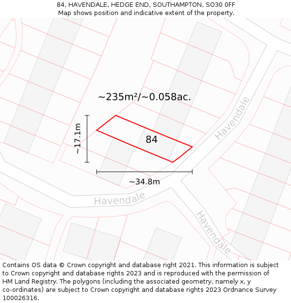 84, HAVENDALE, HEDGE END, SOUTHAMPTON, SO30 0FF: Plot and title map