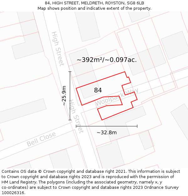 84, HIGH STREET, MELDRETH, ROYSTON, SG8 6LB: Plot and title map
