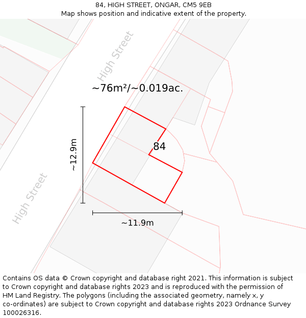 84, HIGH STREET, ONGAR, CM5 9EB: Plot and title map