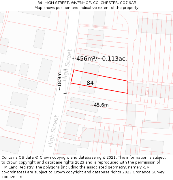 84, HIGH STREET, WIVENHOE, COLCHESTER, CO7 9AB: Plot and title map