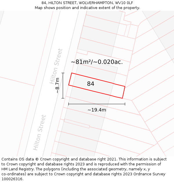 84, HILTON STREET, WOLVERHAMPTON, WV10 0LF: Plot and title map