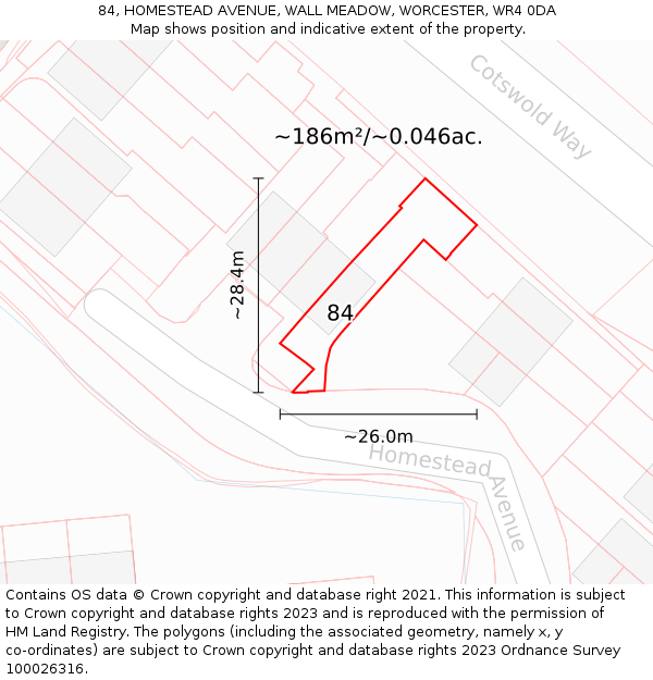 84, HOMESTEAD AVENUE, WALL MEADOW, WORCESTER, WR4 0DA: Plot and title map