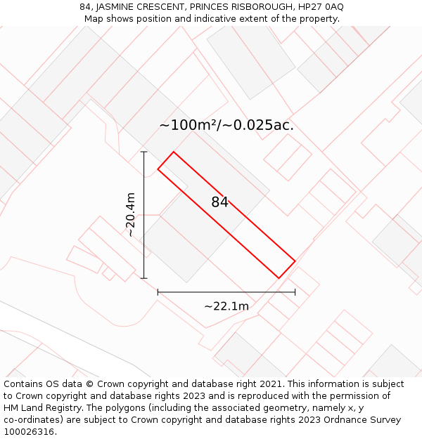 84, JASMINE CRESCENT, PRINCES RISBOROUGH, HP27 0AQ: Plot and title map