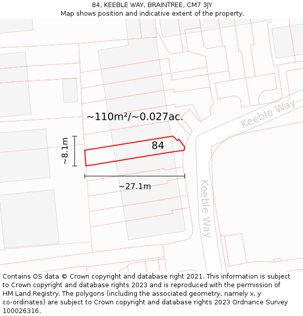 84, KEEBLE WAY, BRAINTREE, CM7 3JY: Plot and title map
