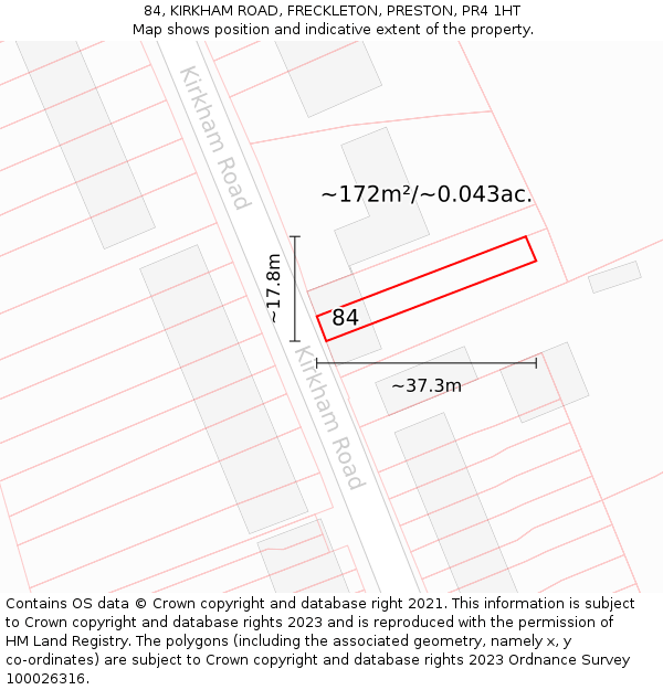84, KIRKHAM ROAD, FRECKLETON, PRESTON, PR4 1HT: Plot and title map