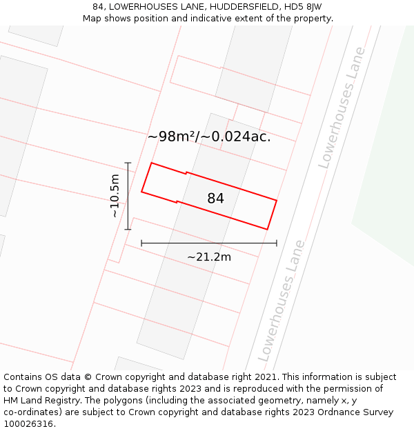 84, LOWERHOUSES LANE, HUDDERSFIELD, HD5 8JW: Plot and title map