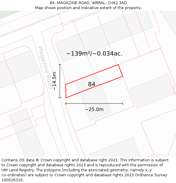 84, MAGAZINE ROAD, WIRRAL, CH62 3AD: Plot and title map