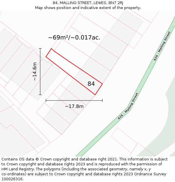 84, MALLING STREET, LEWES, BN7 2RJ: Plot and title map